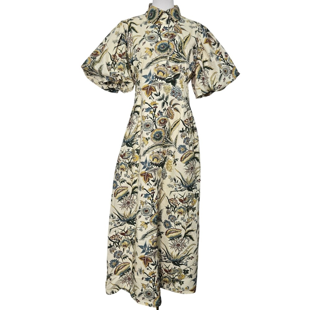 Cream Floral Button-Front Maxi Dress with Puff Sleeves